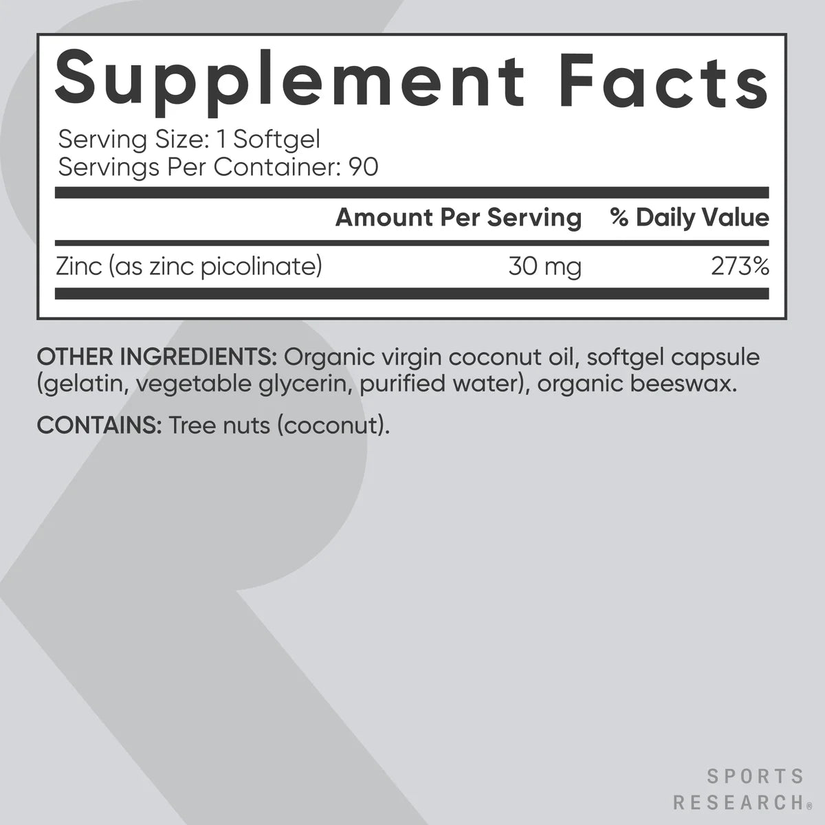 Sports Research High Potency Zinc Picolinate 30mg with Organic Coconut Oil (90 gel caps)