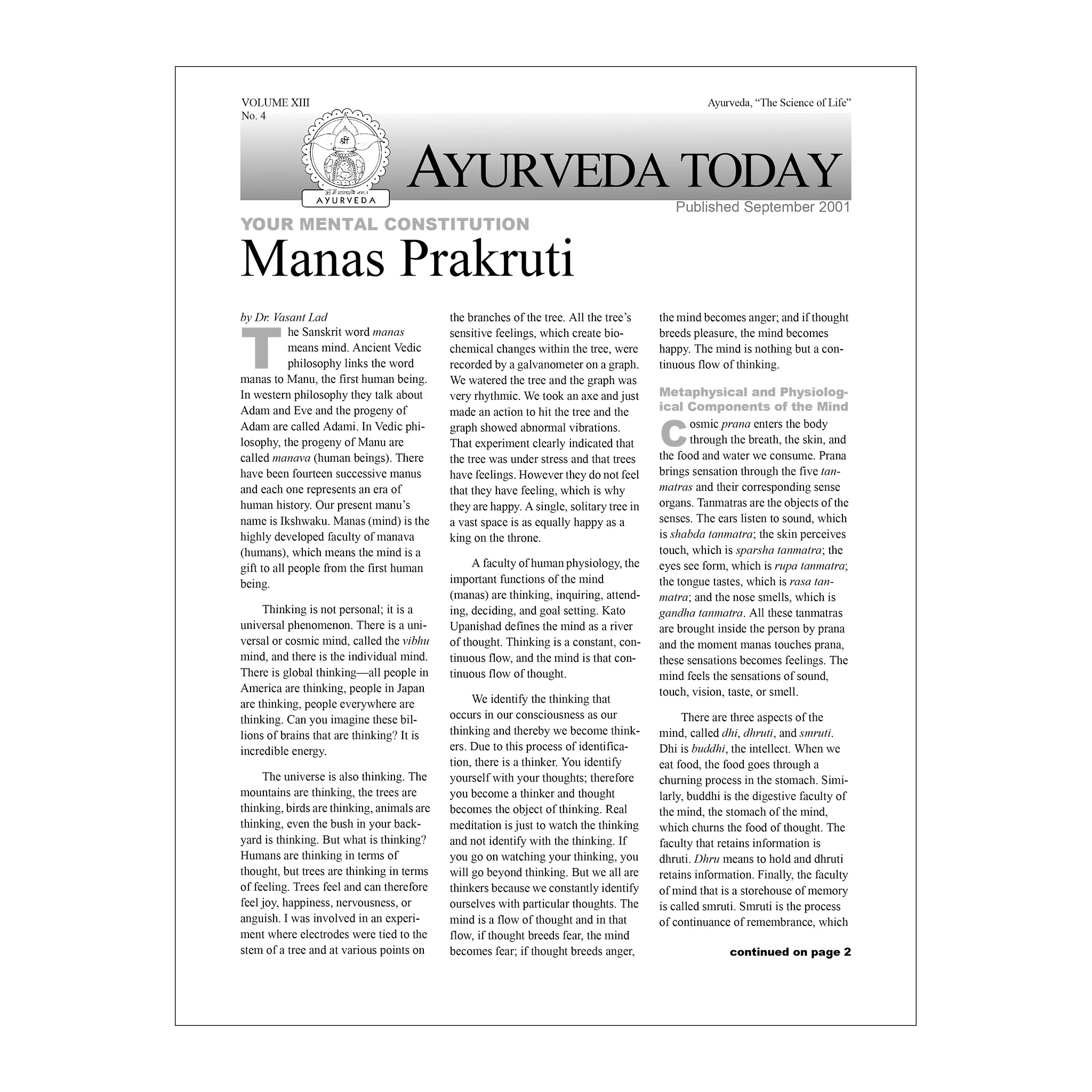 2001 Spring Ayurveda Today