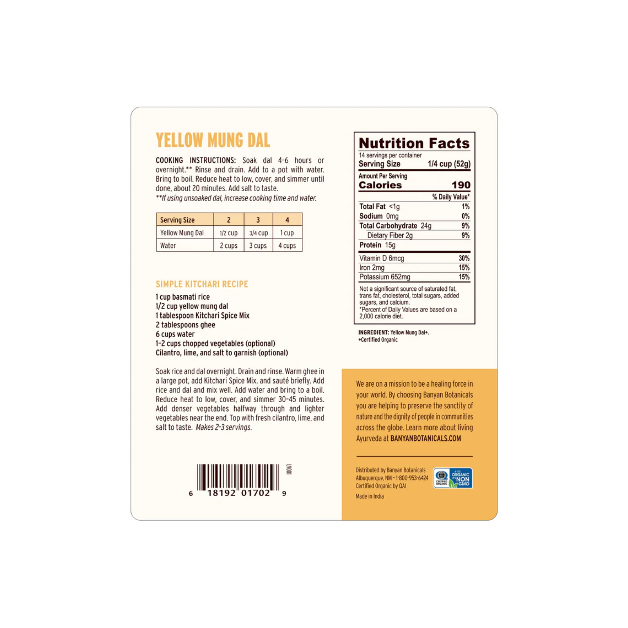 Banyan Botanicals Yellow Mung Dal (1.65 lbs)