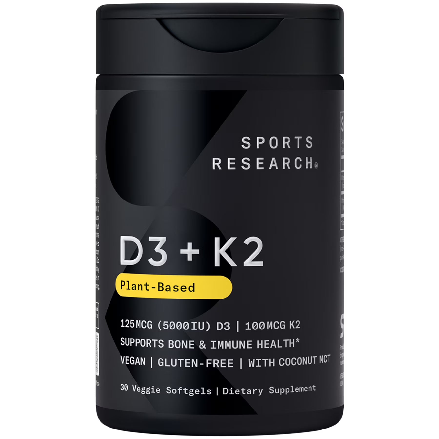 Sports Research Sports Research Vitamin D3 K2 with Coconut Oil | Plant Based Vitamin K2 MK7 + Vegan D3  (30 gel caps)